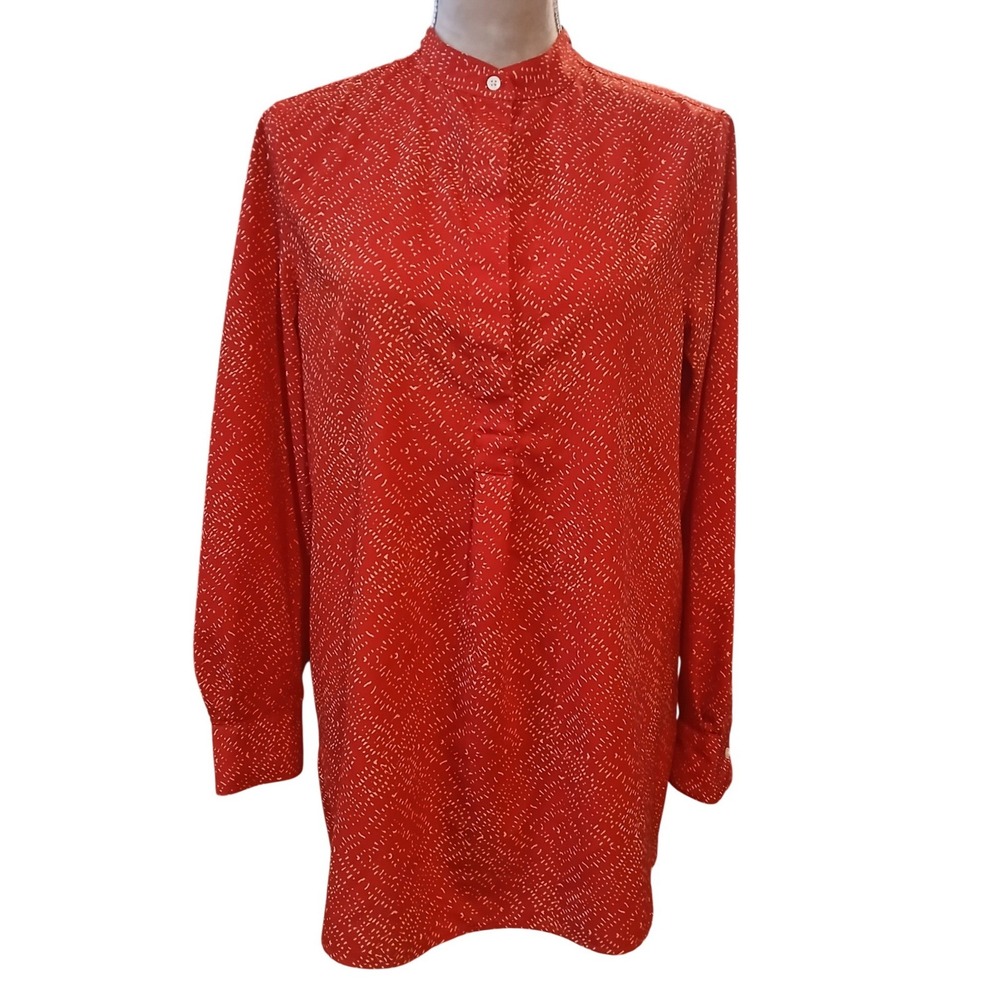LRL M Red White Geometric Print Mandarin Collar Long Sleeve Tunic Top Modest